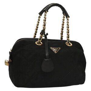 PRADA Chain Hand Bag Nylon Black Gold Auth
